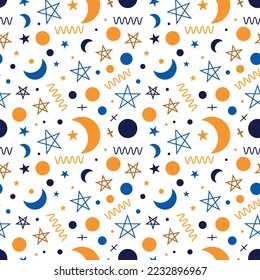 Festive fairy sky seamless pattern with moon, stars and doodles on a white background. vector illustration