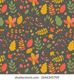 Festive fall pattern with colorful leaves, berries, and nature elements in a seamless layout ideal for autumn-themed projects and design.