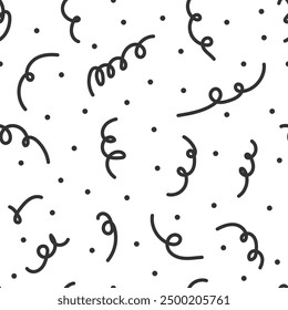 Festive falling confetti and ribbons seamless pattern. Black and white doodle illustration.