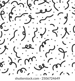 Festive falling confetti and ribbons seamless pattern. Black and white doodle illustration.