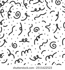 Festliche fallen Konfetti und Bänder nahtlose Muster. Schwarz-weißes Doodle-Bild.