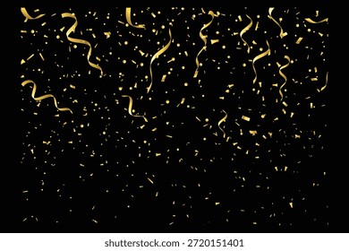Las serpentinas de confeti de oro que caen festivas y las Pequeñas partículas circulares llueven sobre un fondo negro profundo que simboliza una gran celebración o un telón de fondo de ocasión especial.