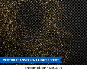 Festive falling shiny particles and stars on transparent background. Golden confetti glitter. Sparkling gold dust texture. Holiday decorative tinsel element for new year, christmas holiday design