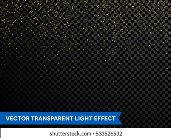 Festive falling shiny particles and stars on transparent background. Golden confetti glitter. Sparkling gold dust texture. Holiday decorative tinsel element for new year, christmas holiday design