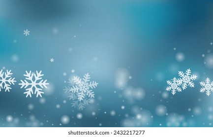 Festive falling snow flakes composition. Snowfall speck frozen shapes. Snowfall sky white teal blue illustration. Fuzzy snowflakes christmas theme. Snow nature landscape.