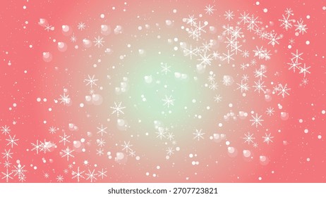 Copos de nieve de caída festiva y luces bokeh sobre un fondo degradado rosa y verde suave. Vector