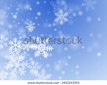 Festive falling snowflakes composition. Winter dust crystallic shapes. Snowfall weather white blue wallpaper. Bokeh snowflakes december theme. Snow hurricane scenery.