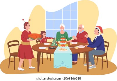 Festive family dinner 2D vector isolated illustration. Holiday celebration together at home. Parents with children at table flat characters on cartoon background. Festivities colourful scene