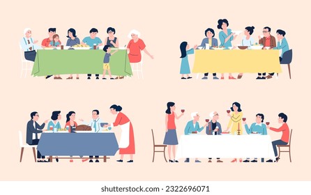 Festive family dinner. Parents and grandparents, children sitting at table with different meals. People eating lunch, christmas evening recent vector scenes