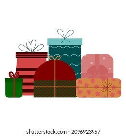 Festliche Geschenkbox, Weihnachtsüberraschungen oder Geburtstagsgeschenke. Helle Kisten mit einer Schleife, Muster.