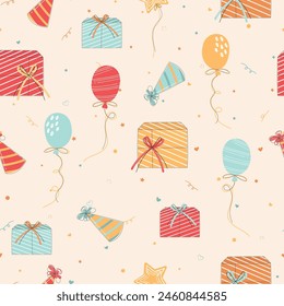 Festive fancy pattern with balloons and gifts. Design for backgrounds, cards, textiles, gift paper. Vector