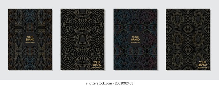 Festive fantasy set cover design, vertical templates.Geometric 3D pattern, ethnic exotic collection of embossed backgrounds. Eastern, Indian, Mexican, Aztec style.
