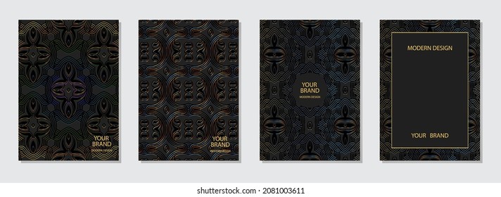 Festive fantasy set cover design, vertical templates. Geometric 3D pattern, ethnic art collection of embossed backgrounds. Eastern, Indian, Mexican, Aztec style.