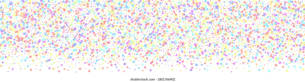 Festive fascinating confetti. Celebration stars. Colorful stars dense on white background. Alluring festive overlay template. Panoramic vector background.