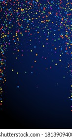 Festive fascinating confetti. Celebration stars. Colorful confetti on dark blue background. Glamorous festive overlay template. Vertical vector background.