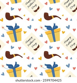 Festive father's day pattern with pipes, gifts, and hearts for celebration themes.