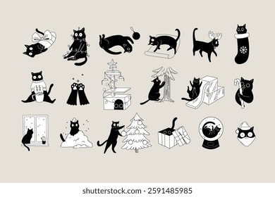 Festive felines, black cats bringing holiday cheer with playful paws, cozy moments, and a touch of Christmas magic. A Collection of illustrations