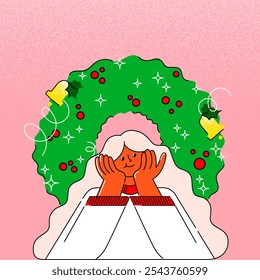 Festive female character surrounded by holiday wreath with ornaments and sparkles, radiating joy and warmth. Creative illustration. Concept of winter season, Christmas and New Year holidays, warmth