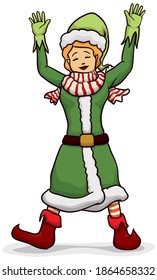 Festive female Santa's helper elf celebrating Christmas, wearing warm clothes: scarf, gloves, boots.