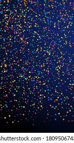 Festive fetching confetti. Celebration stars. Colorful confetti on dark blue background. Grand festive overlay template. Vertical vector background.