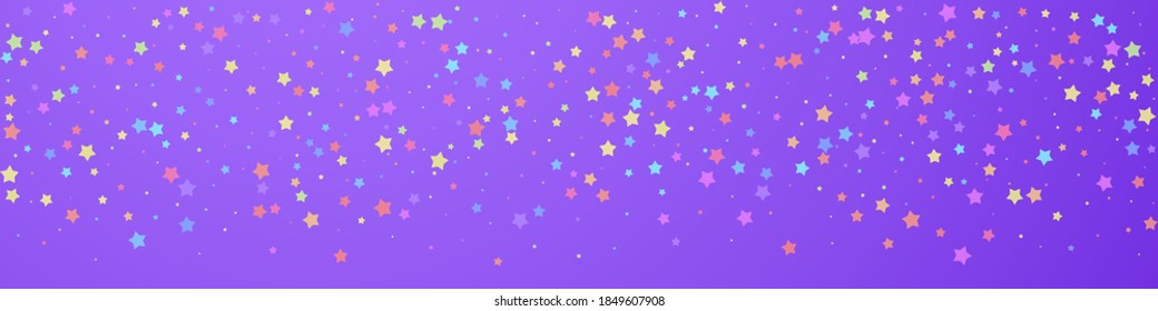 Festive fetching confetti. Celebration stars. Colorful stars random on violet background. Alluring festive overlay template. Panoramic vector background.