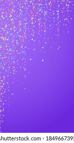 Festive fine confetti. Celebration stars. Colorful stars on violet background. Fresh festive overlay template. Vertical vector background.
