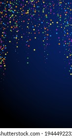 Festive Fine Confetti. Celebration Stars. Colorful Confetti On Dark Blue Background. Gorgeous Festive Overlay Template. Vertical Vector Background.