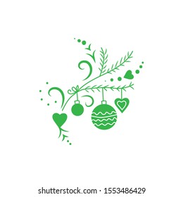 Festive fir tree sprigs decorated with hanging Christmas toys. New year design element isolated on white backgrounds.