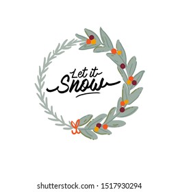 Festive fir wreath. Traditional Winter holiday flat vector illustration. Cute Christmas greeting card with happy new year typography. Isolated.