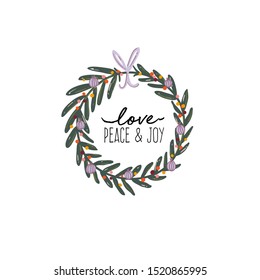 Festive fir wreath. Traditional Winter holiday flat vector illustration. Cute Christmas greeting card with happy new year typography. Isolated.