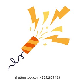Festive firecracker with lightning and sparks, exploding fireworks. Symbol of celebration and joy. Trendy modern vector illustration isolated on white background, hand drawn, flat design