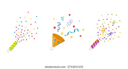 Conjunto de petardo festivo y popper de fiesta. Explosión de confeti, serpentinas, chispas y coloridos Elementos de celebración. Ilustración vectorial moderna de moda aislada en el fondo blanco, dibujado a mano