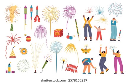 Festive firecrackers and fireworks. Happy people celebrating Independence Day, fire explosions, cartoon funny boy firings rocket, vector set