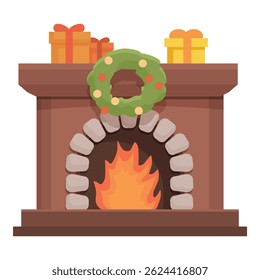 Festive fireplace burning with christmas wreath and gifts on the mantelpiece