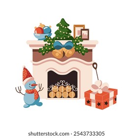Festive fireplace with decorated Christmas tree on mantelpiece flat color vector object. Cozy seasonal ambiance illustration on white background