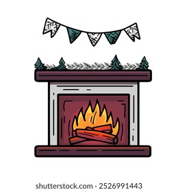 Festive Fireplace with Garland and Banners Illustration. Cozy Fireplace Decorated with Bunting and Garland