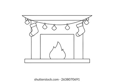 Festive fireplace line drawing christmas stockings lights
