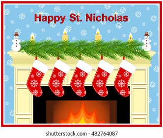 Festive fireplace with red socks, candles and fir-tree branches. Happy St. Nicholas. Vector illustration.