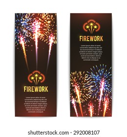 Festive firework 2 vertical banners set with sparkling star balls against black background abstract vector isolated illustration