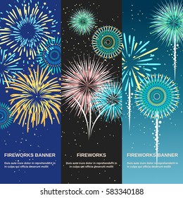 Festive firework abstract vertical banners template set designed for party or anniversary invitation flat vector illustration    