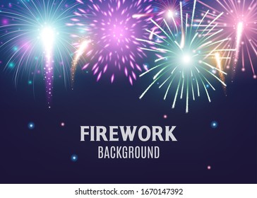 Festive firework background template with colorful light explosions and sparkles realistic vector illustration. Night sky layout with holiday carnival firecrackers.