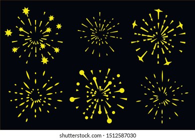 Festive firework balls. Rays radial glare collection icons isolated on a black background.