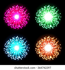 Festive firework bursting in glowing sparkles set against black background. Red, green, blue and orange. Vector. Isolated. Illustration. Use for print products, page and web decor or other design. 
