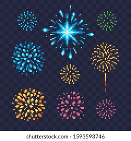 Festive firework bursting in various shapes pixel art icons set. Design of a congratulatory holiday card. Isolated vector illustration.