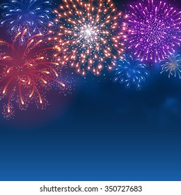 Festive firework bursting in various shapes and colors sparkling on blue sky background. Abstract vector illustration.