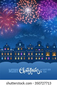 Festive firework bursting in various shapes and colors sparkling on blue sky background over the cityscape. Vector illustration.