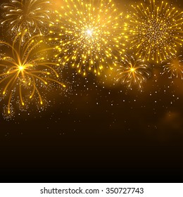 Festive firework bursting in various shapes and golden colors sparkling against black night background. Abstract vector illustration.