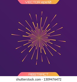 Festive firework or confetti explosion. Circular geometric centric motion pattern. Light rays of burst. Rays radiating from a central object or source of light. Gradient shapes composition. Vector