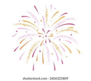 Festive firework explosion with colorful sparkles and stars on a white background. Celebration and holiday concept. Design for greeting card, invitation, poster, banner, postcard