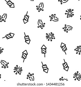 Festive Firework Light Seamless Pattern Vector. Rocket Petard And Firework Stars Bright Decoration Monochrome Texture Icons. New Year Or Birthday Celebration Carnival Template Flat Illustration